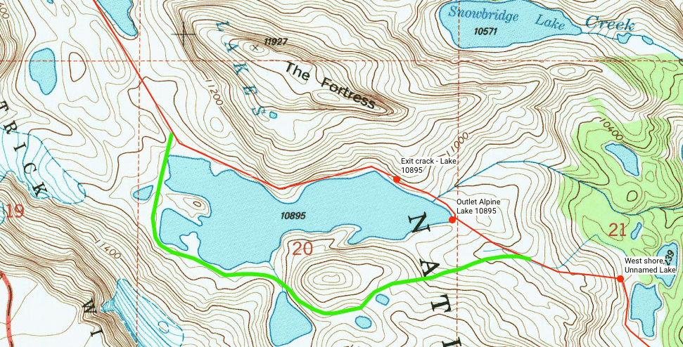 Henry writes "I concur that the south end of the lowest Alpine Lake is the way to go. I posted a small section of map with the regular (red) route and the alternate (green) route we took here. Much safer and easier route."