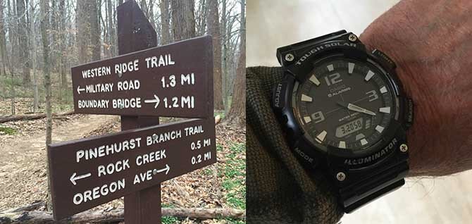 trail signage from a training hike and a close up on a watch