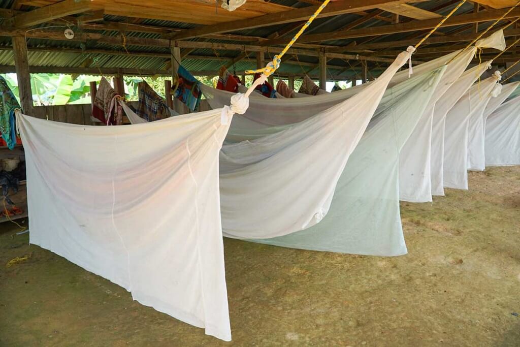 Some camps have an option of sleeping in a hammock covered with mosquito netting. An open air shelter with dirt floors is common.