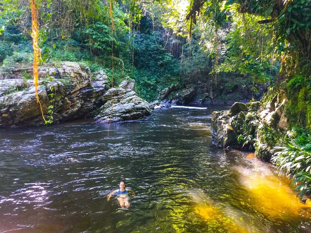 A refreshing swim in a jungle river after a hot and humid hike.
