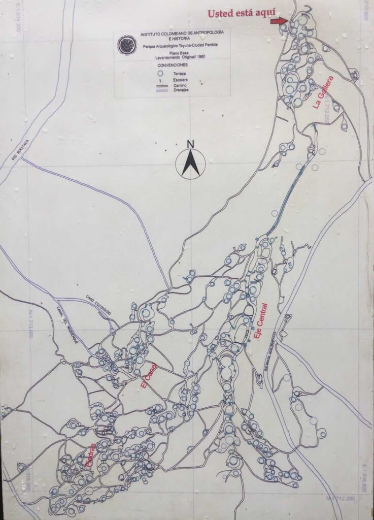 La Ciudad Perdida site consists of a series of 169 terraces carved into the mountainside, a net of tiled roads and several small circular plazas. CLICK ON MAP TO ENLARGE.