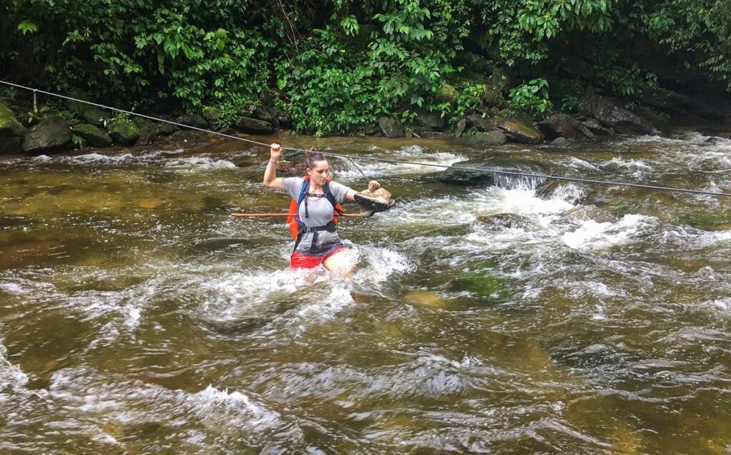 Crossing the the Buritaca River with the help of a steel cable.
