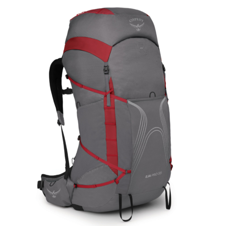 Osprey Eja Pro ultralight backpacking backpack in gray and red color