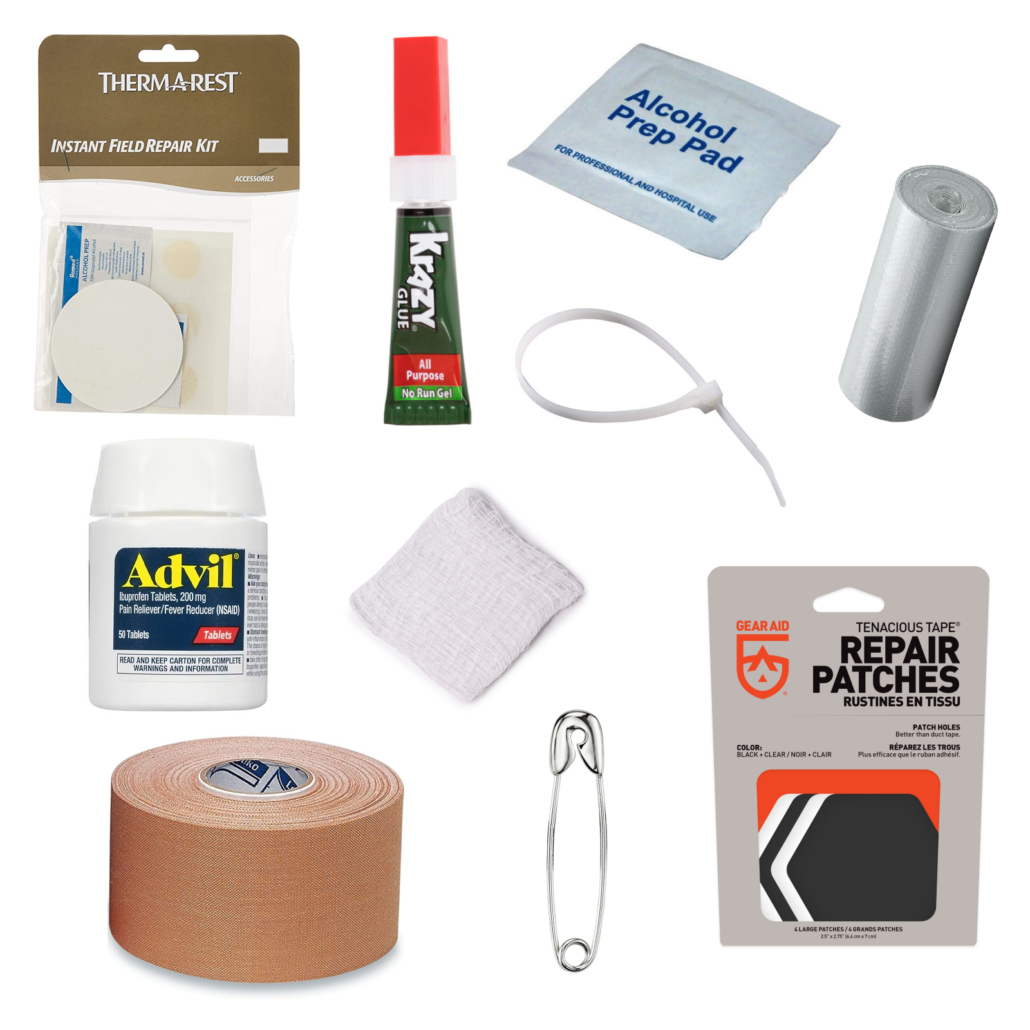 First aid and repair kit for going super ultralight