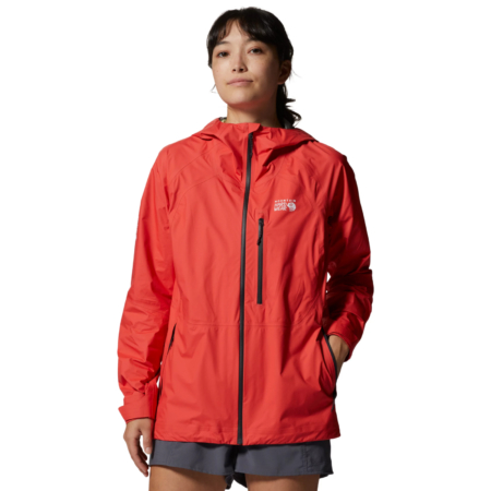 Mountain Hardwear Gore-tex Paclite Plus Jacket in red worn by a person, one of the lightest goretex jackets