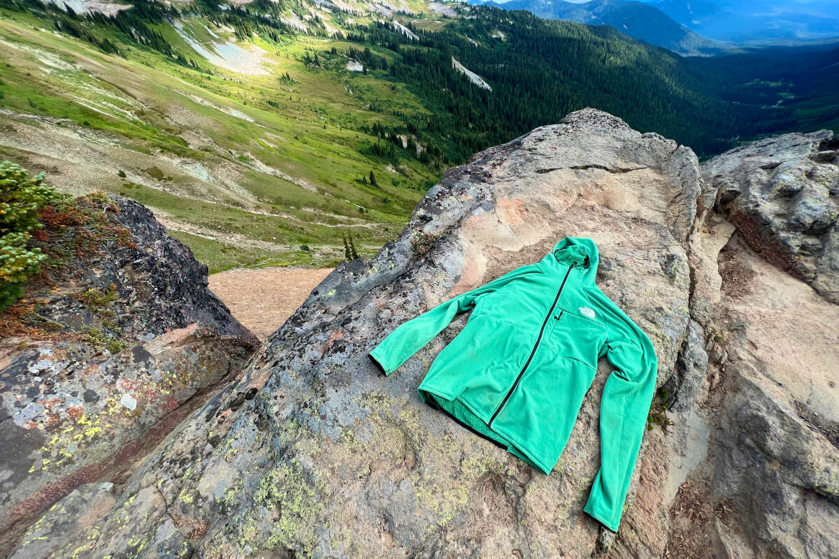 the north face future fleece hoodie on a rock