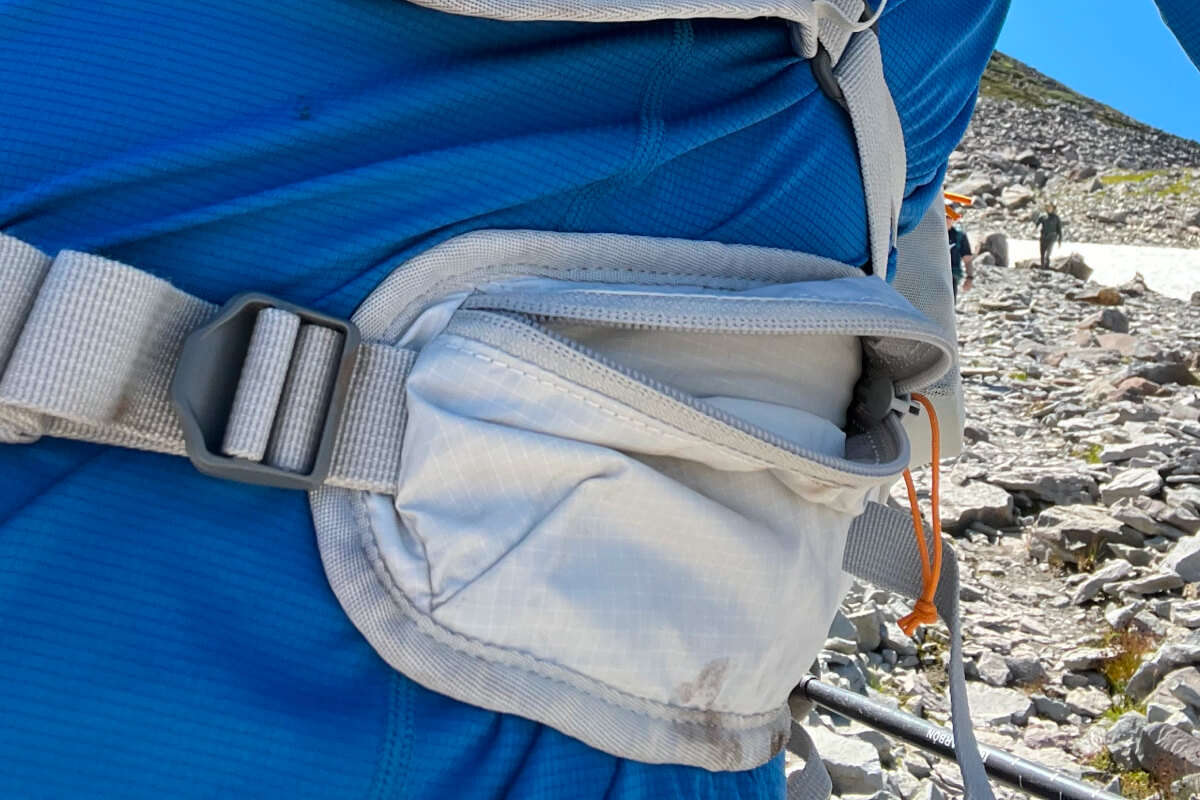 close up on hip belt pocket of octane 22