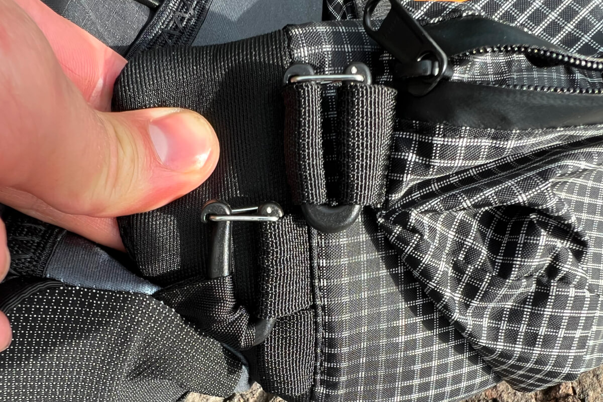 close up on hip belt connection points