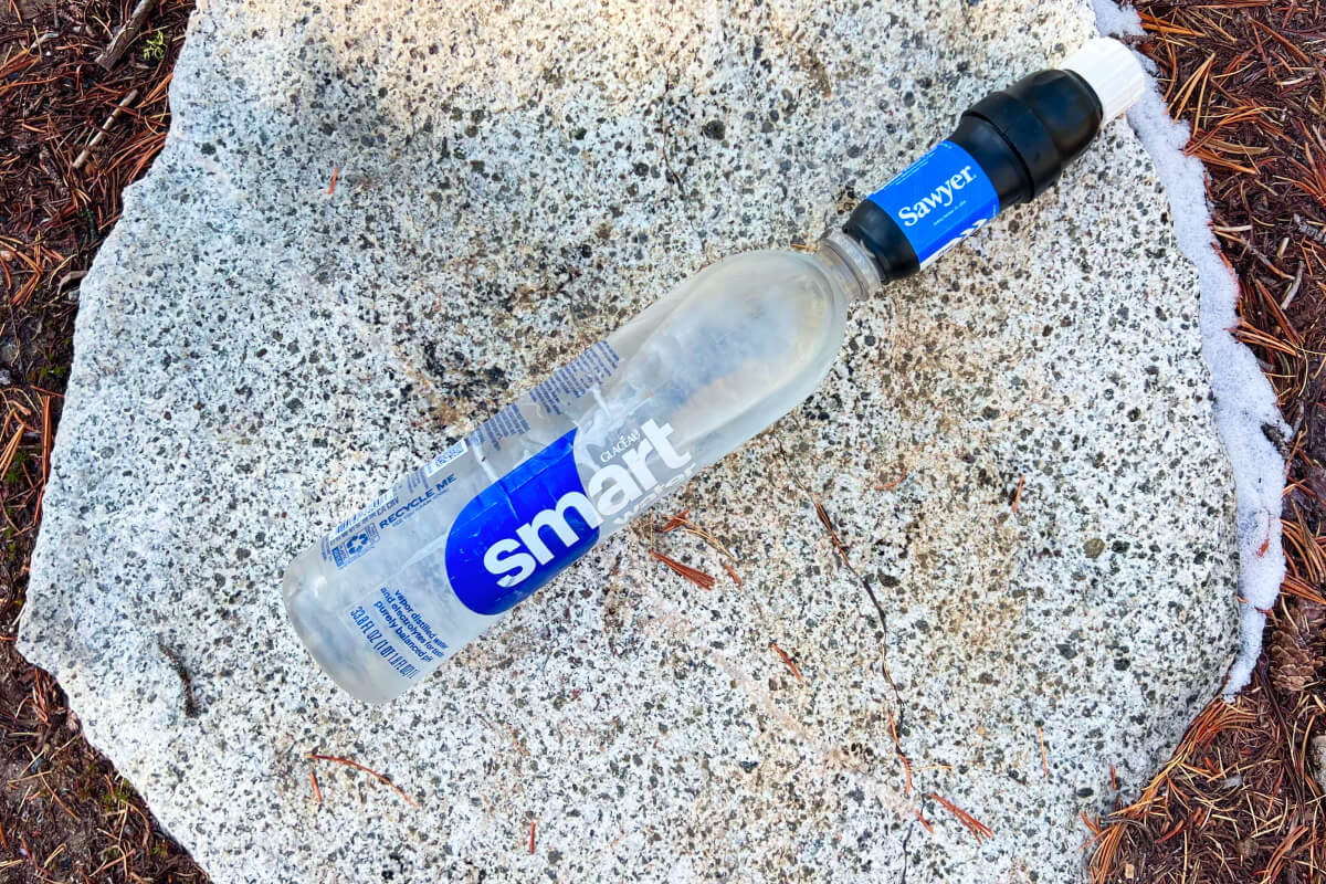 Sawyer Sqeeze backpacking water filter on SmartWater Bottle