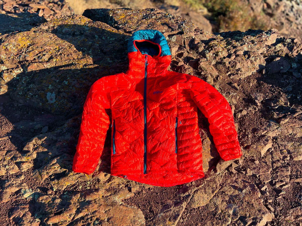 red puffy jacket, top down view