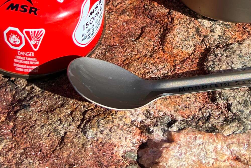 close up on a long spoon bowl head of a long handle backpacking spoon