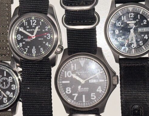 Field watches in light From left to right: Citizen Garrison, Citizen Chandler, Bertucci A2-S, Momentum Atlas, Seiko Sport, Bertucci A5S Ballista Tritium