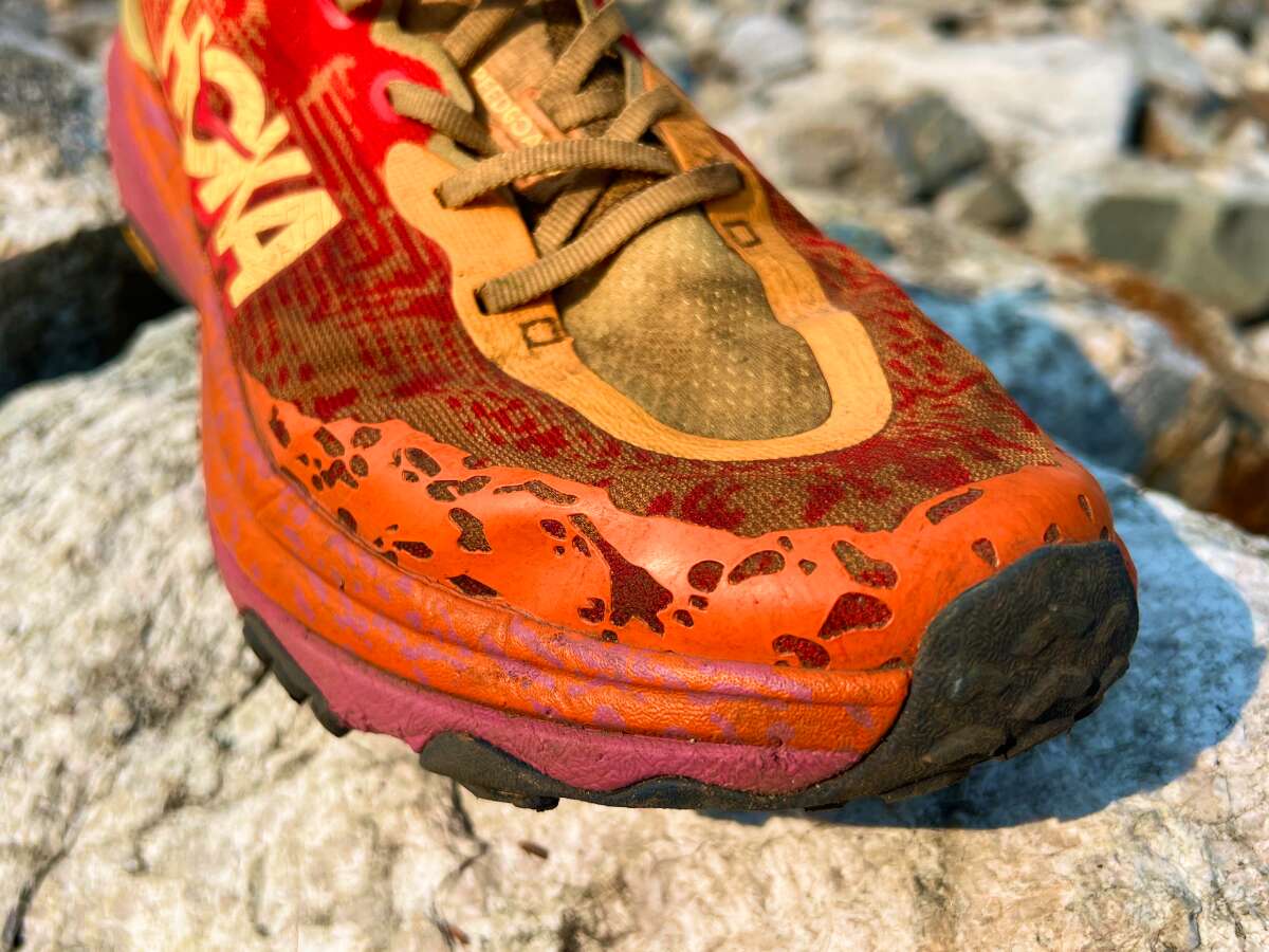 close up on toe bumper of hoka speedgoat 6