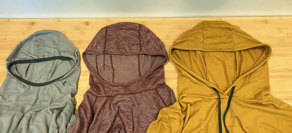 hood configurations left to right: balaclava, standard, loose with drawstring cinch