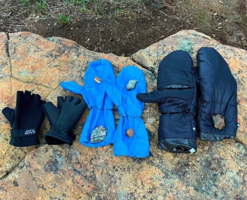 Ultralight backpacking Glove System laid out make for great hiking gifts