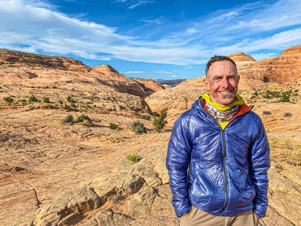 Puffy jacket as part of a hiking clothes layering system Puffy jacket as part of a hiking clothes layering system