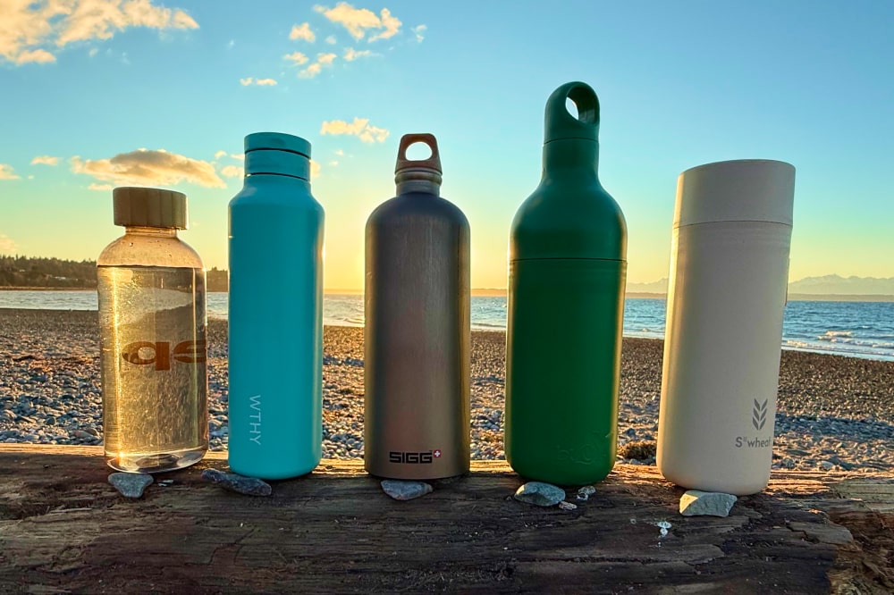 Various types of recycled and eco-friendly water bottles compared side by side