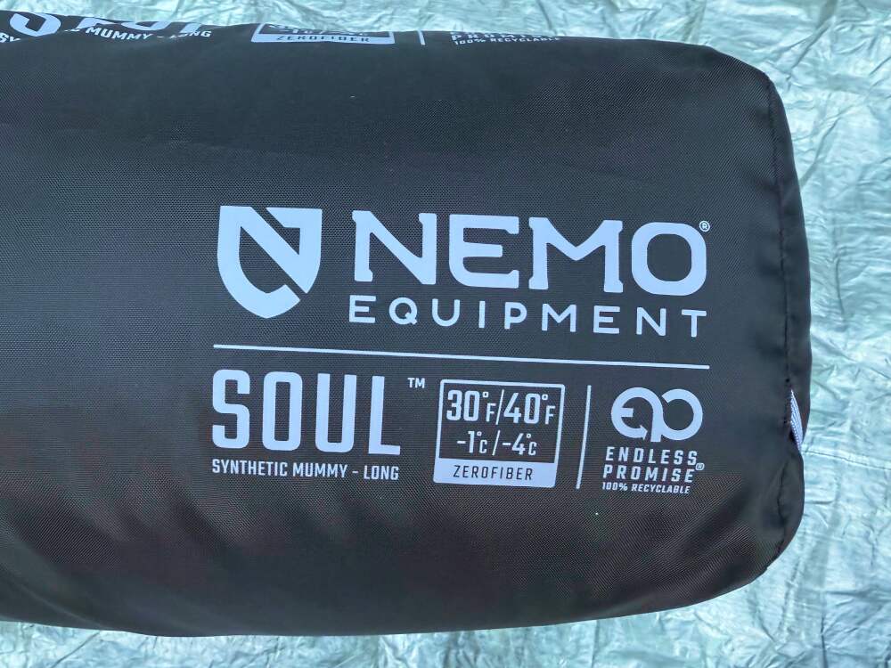 NEMO Soul Sleeping Bag-3 close up on logo and product name on a storage bag