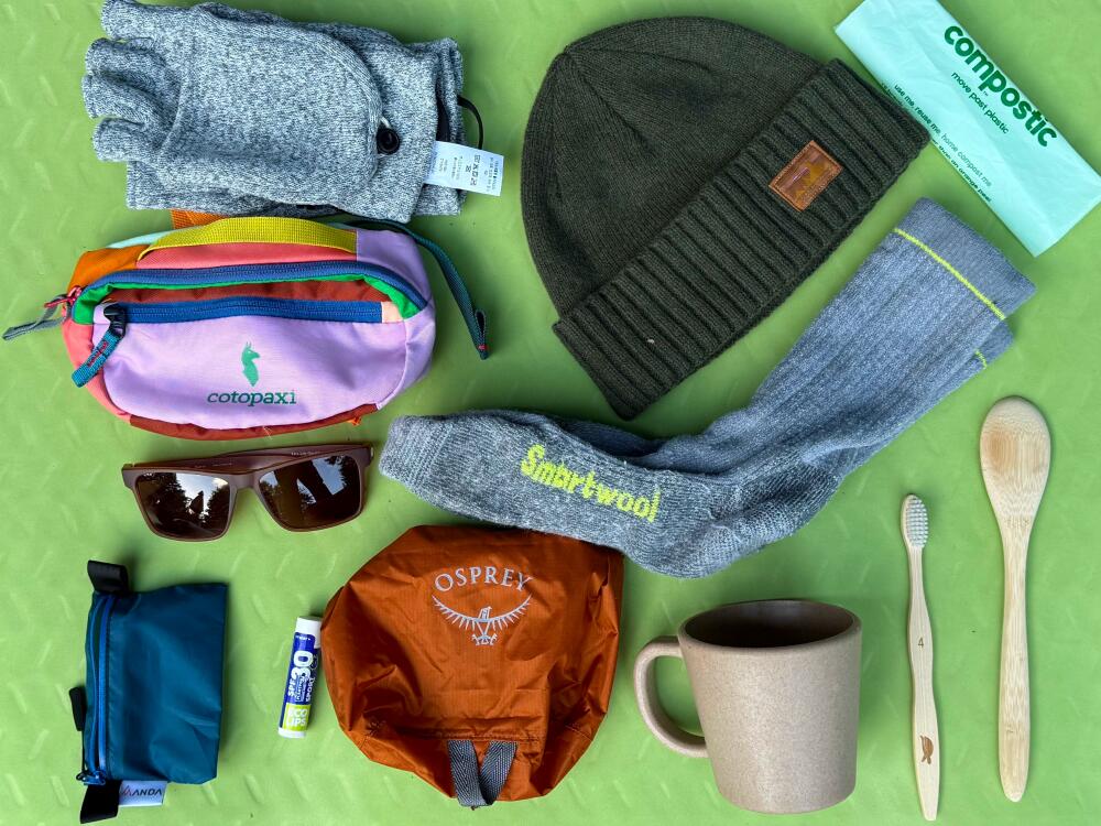 Sustainable backpacking gear on a sleeping pad Sustainable backpacking gear on a sleeping pad