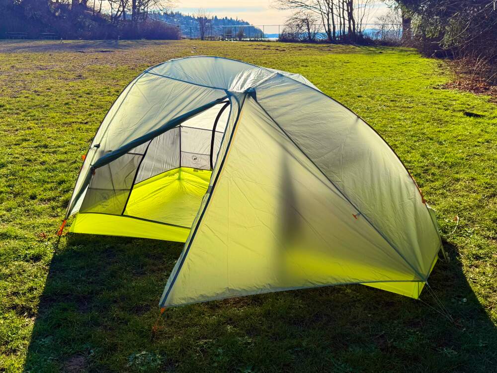 Big Agnes Tiger Wall UL-13 Big Agnes Tiger Wall UL tent on grass door open