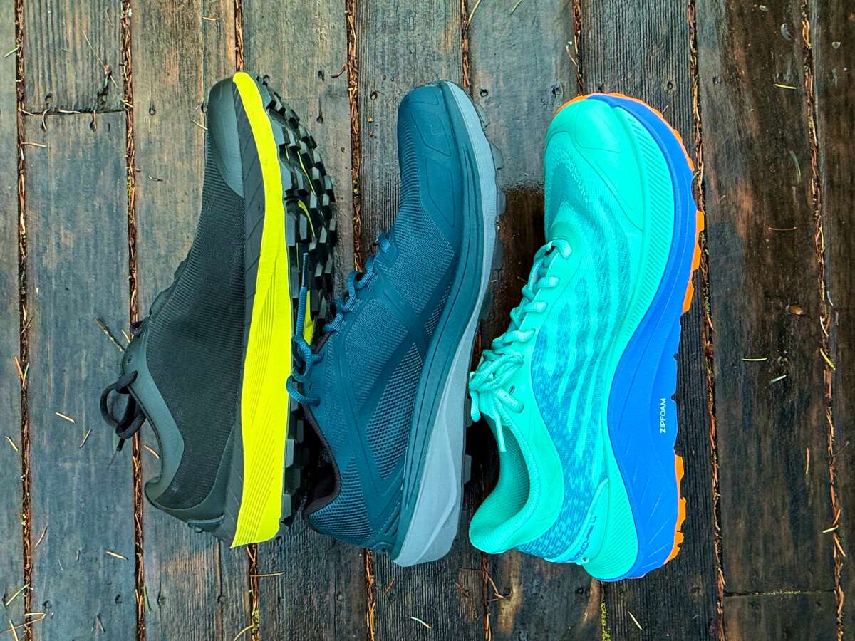 Topo Ultraventure vs Terraventure vs Mtn Racer-8 all three shoes, interior side facing up