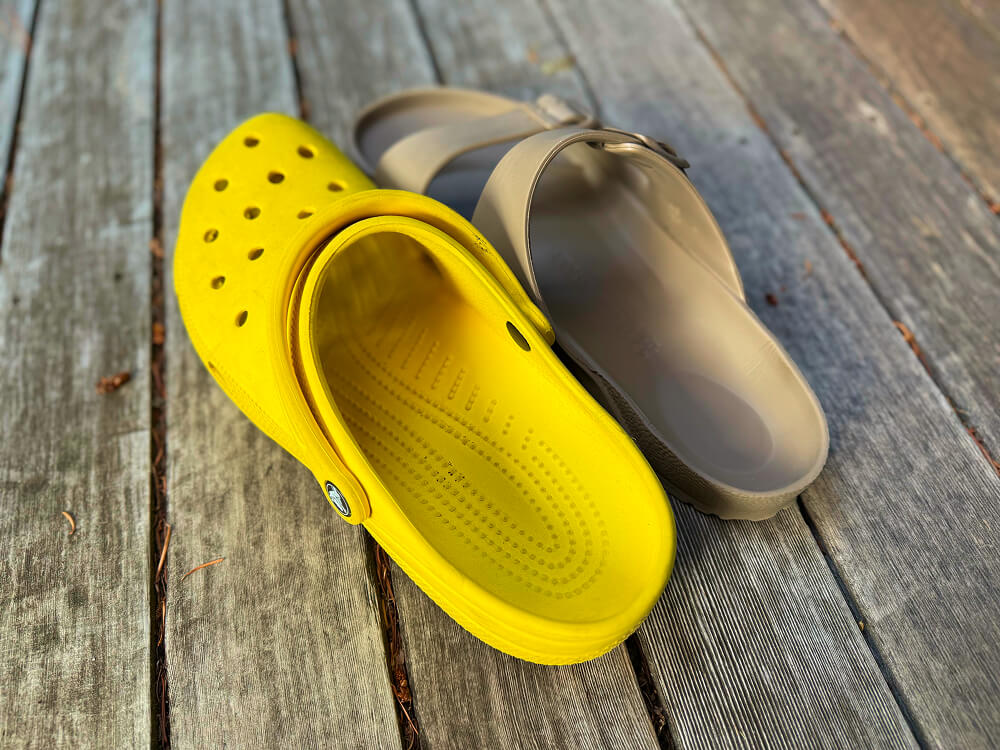 textural detail of footbed of crocs vs birkenstocks