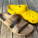 Birkenstocks vs crocs on wood