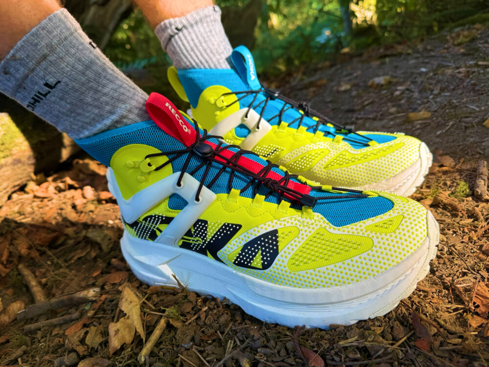wearing the hoka mafate x hiking boots