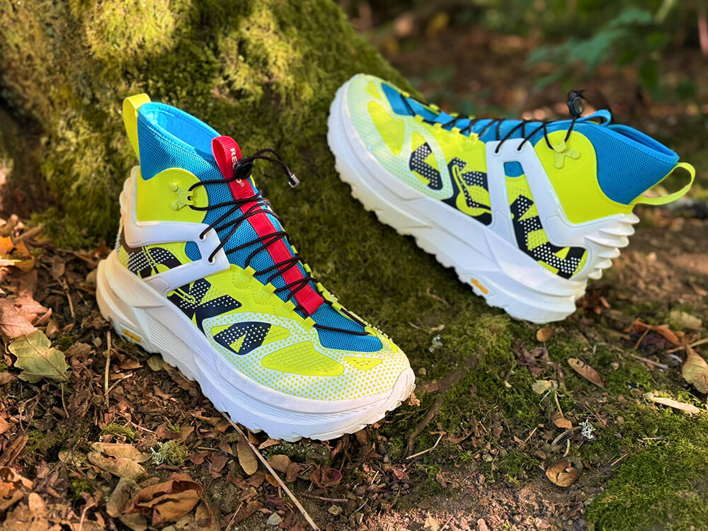a pair of hoka mafate x hiking boots
