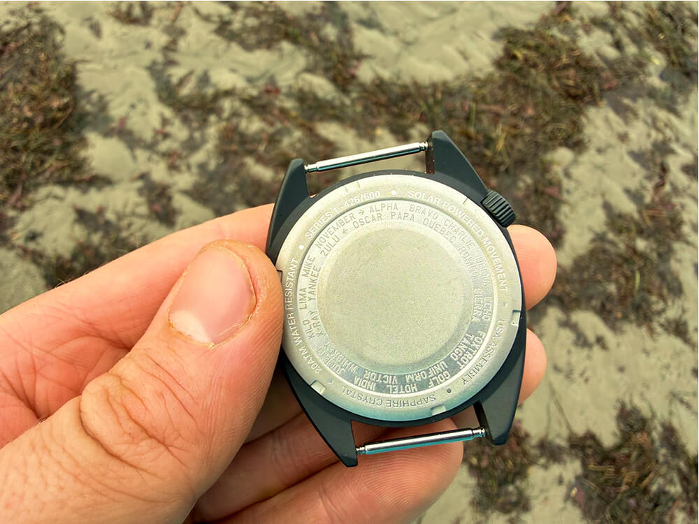 Vaer C4 Watch Review-12 backside shows nato phonetic alphabet