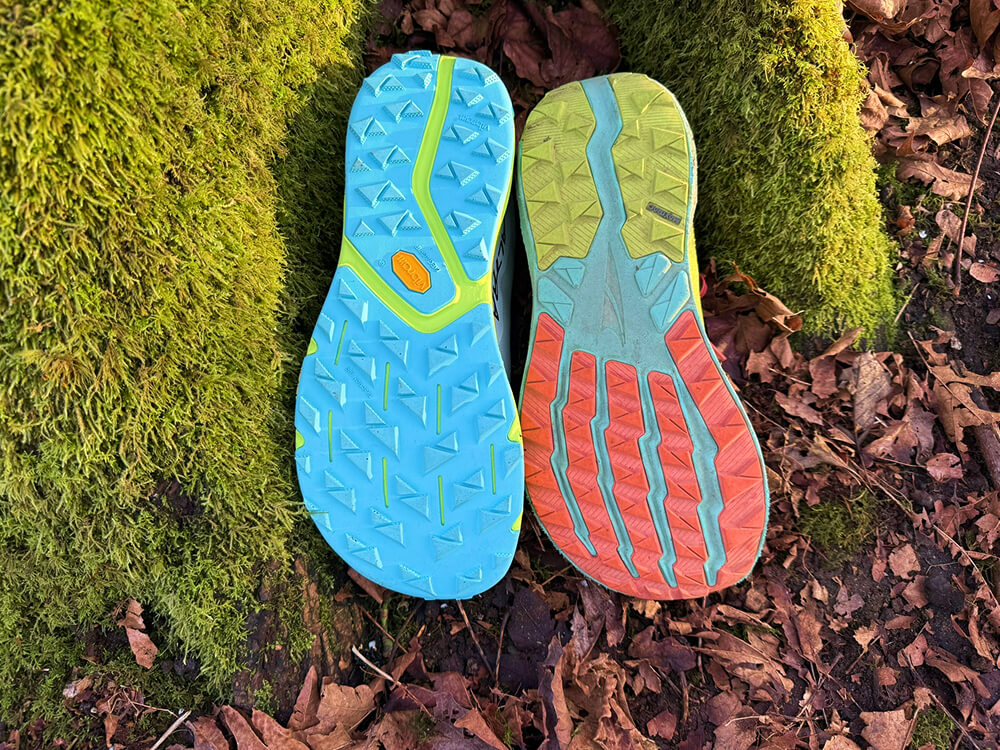 Altra Wild 2 vs 3+-3 comparing rubber outsoles of altra wild 3 and wild 2