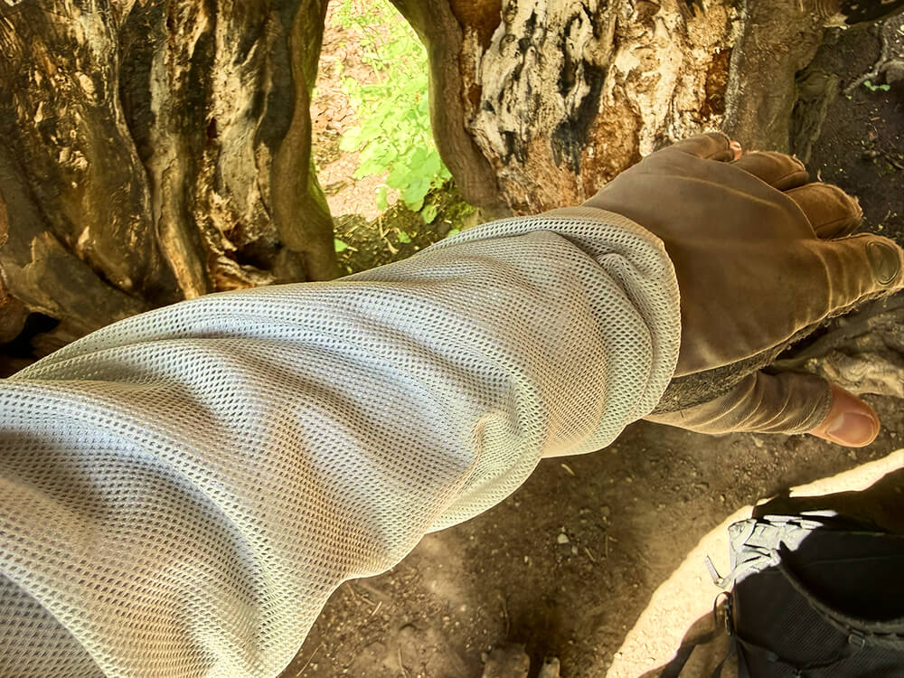 Best Mosquito Shirt-4 close up on mosquito mesh shirt sleeve with permethrin treatment