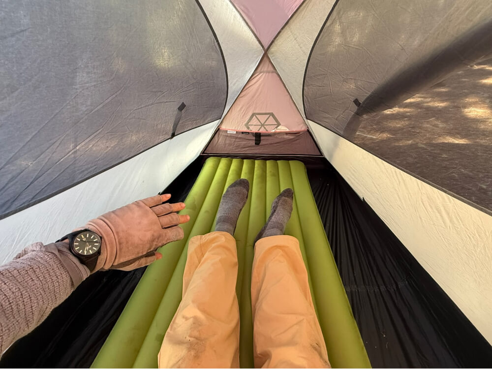 Samaya Instant2 Tent Review-5 how one person with a large wide pads fits in the tent