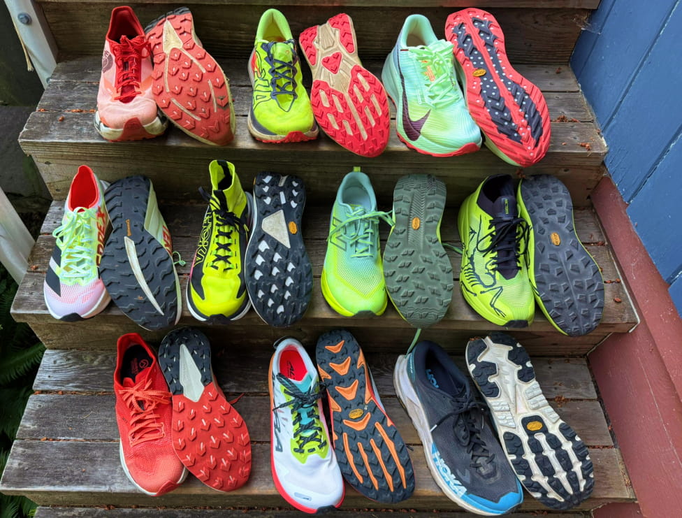 10 pairs of trail super shoes side by side upper and outsole