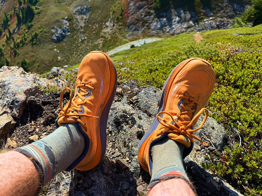 Topo Ultraventure 5 Review-1 wearing my orange topo ultraventure 5 in the mountains